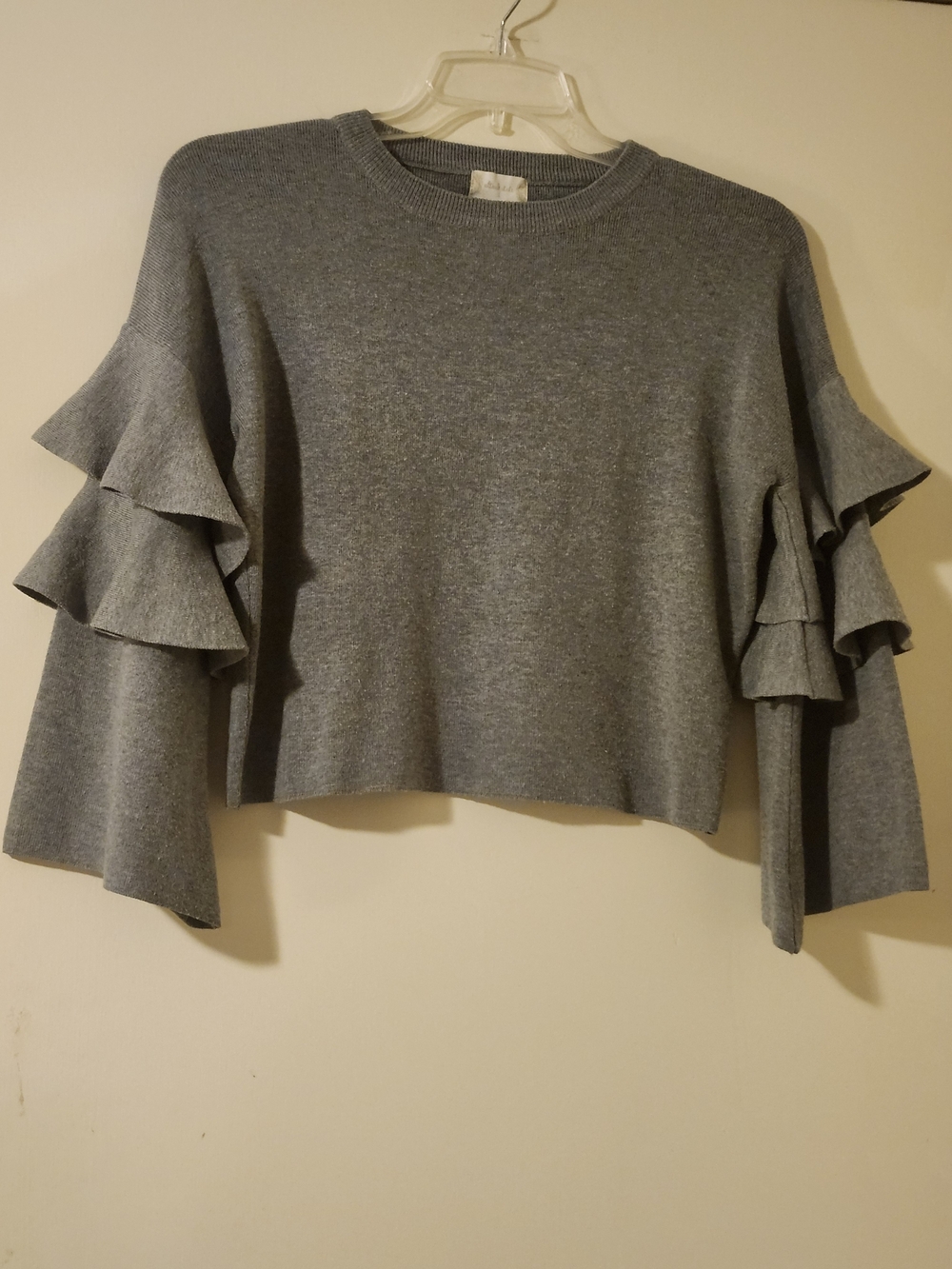 Altar'd State Romantic Preppy Gray Ruffle Sleeve Classic Cropped Sweater L